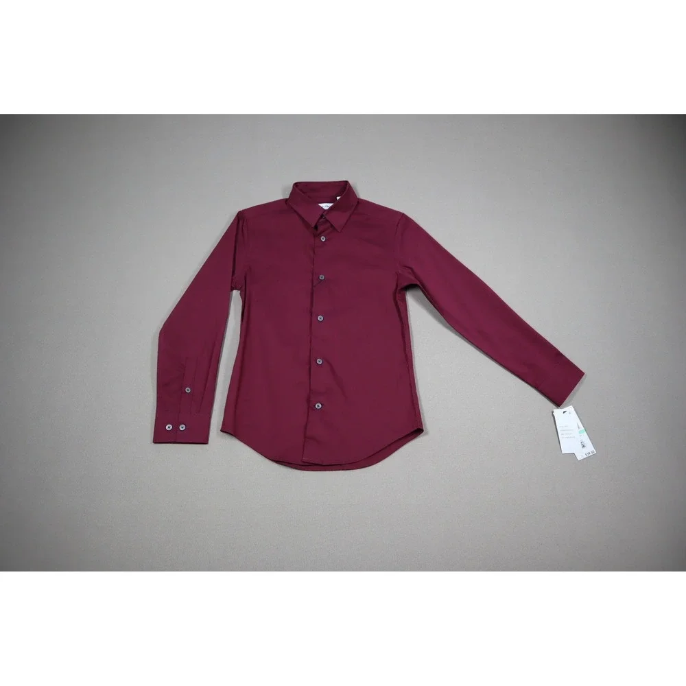 Calvin Klein Boys Long Sleeve Stretch Fashion Solid Poplin Shirt -‎ Dark Red 8